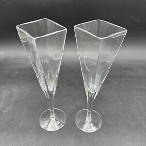 Set Of 2 Champagne Flutes Clear Glass Square Bowl Modern & Unique 8.5"